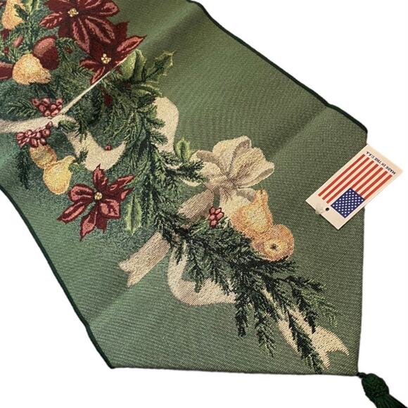 Poinsettia Christmas Table Runner Woven Tapestry Candles Bow Garland NWT 13x72" - Picture 5 of 10